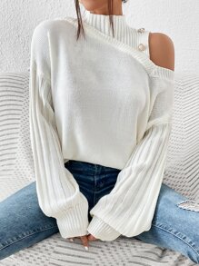 SHEIN Privé Asymmetrical Neck Drop Shoulder Sweater - Beige - View 5