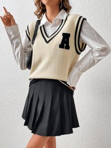 SHEIN Unity 1pc Letter Patched Striped Trim Cricket Sweater Vest - Apricot - View 6