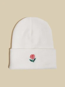 Floral Embroidery Beanie - White - View 1