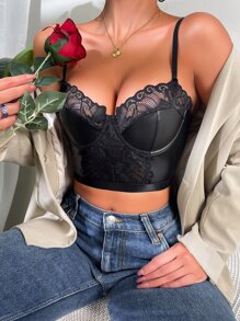 Contrast Lace Underwire Bra - Black - View 5