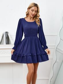 Vestido de manga con volante bajo con fruncido - Azul Marino - Ver 3