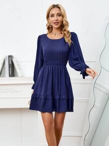 Vestido de manga con volante bajo con fruncido - Azul Marino - Ver 5