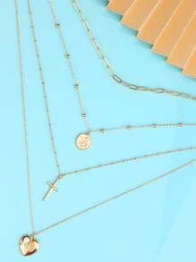 心和十字架吊飾多層次項鍊 - 金黃色 - 查看 2