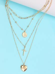 心和十字架吊飾多層次項鍊 - 金黃色 - 查看 3