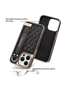 ONEGIF Faux Leather Phone Case With Microfiber Lining And Wrist Strap Stand, Compatible With IPhone 16 Pro Max, 15, 14, 13, 12 Waterproof Shockproof Anti-Fall Scratch Resistant - Black - View 5
