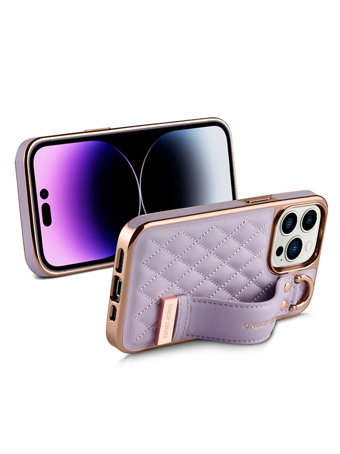 Funda de teléfono de ONEGIF con correa para la muñeca y soporte, compatible con 16 Pro Max, 15, 14, 13, 12 - Morado - Añade 2