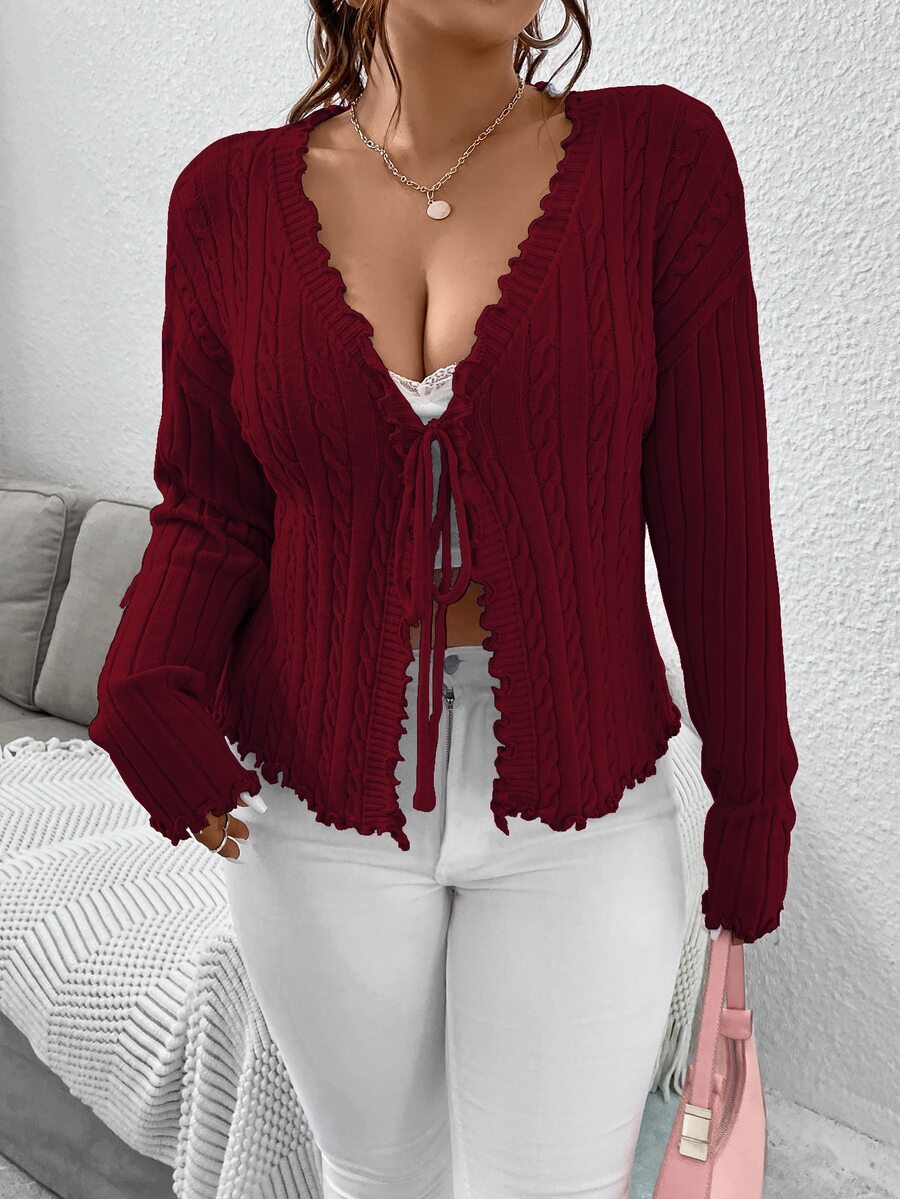 Flirla Plus Lettuce Trim Drop Shoulder Knot Front Cable Knit Cardigan - Burgundy - View 1