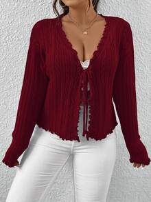Flirla Plus Lettuce Trim Drop Shoulder Knot Front Cable Knit Cardigan - Burgundy - View 4