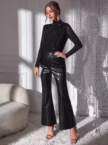 SHEIN BAE Top de cuello alto fruncido brillante - Negro - Ver 6