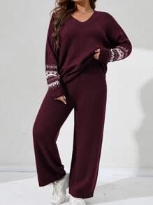 SHEIN LUNE Plus Geo Pattern Drop Shoulder Jumper & Knit Trousers - Maroon - View 1