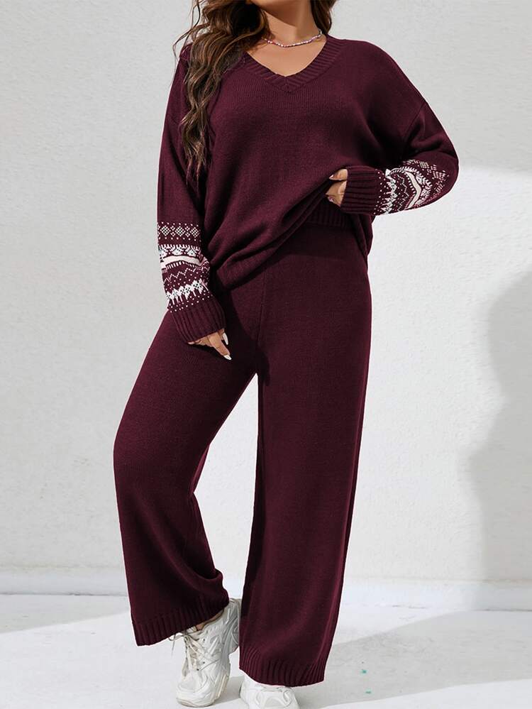 Plus Geo Pattern Drop Shoulder Sweater & Knit Pants, For Winter Fall Cloth For Women