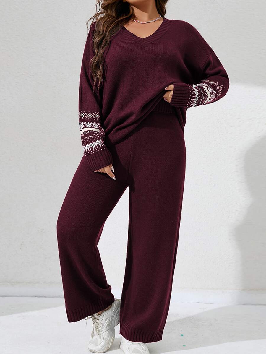 SHEIN LUNE Plus Geo Pattern Drop Shoulder Jumper & Knit Trousers - Maroon - View 1