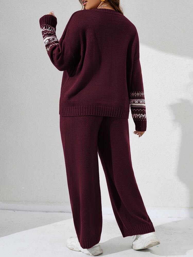 Plus Geo Pattern Drop Shoulder Sweater & Knit Pants, For Winter Fall Cloth For Women