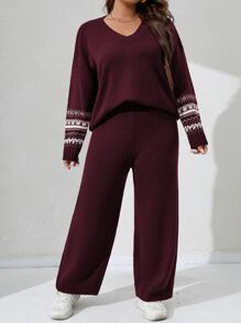 SHEIN LUNE Plus Geo Pattern Drop Shoulder Jumper & Knit Trousers - Maroon - View 3