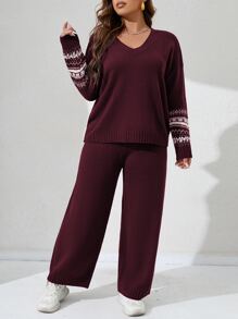 SHEIN LUNE Plus Geo Pattern Drop Shoulder Jumper & Knit Trousers - Maroon - View 4