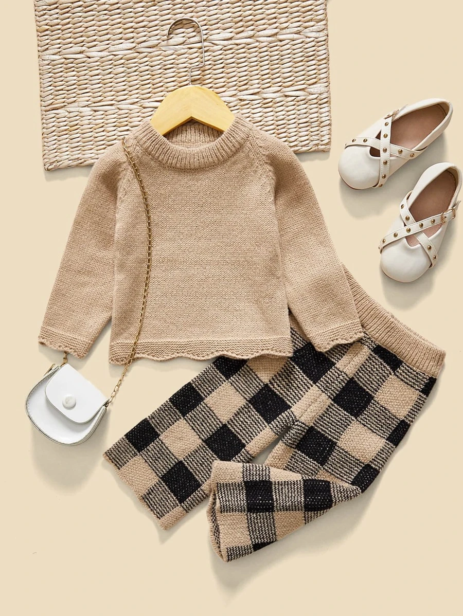 Baby Raglan Sleeve Jumper & Buffalo Plaid Pattern Knit Trousers - Multicolor - View 1