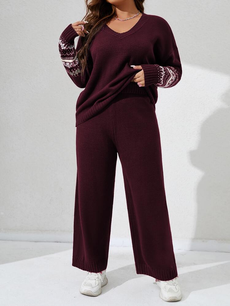 Plus Geo Pattern Drop Shoulder Sweater & Knit Pants, For Winter Fall Cloth For Women