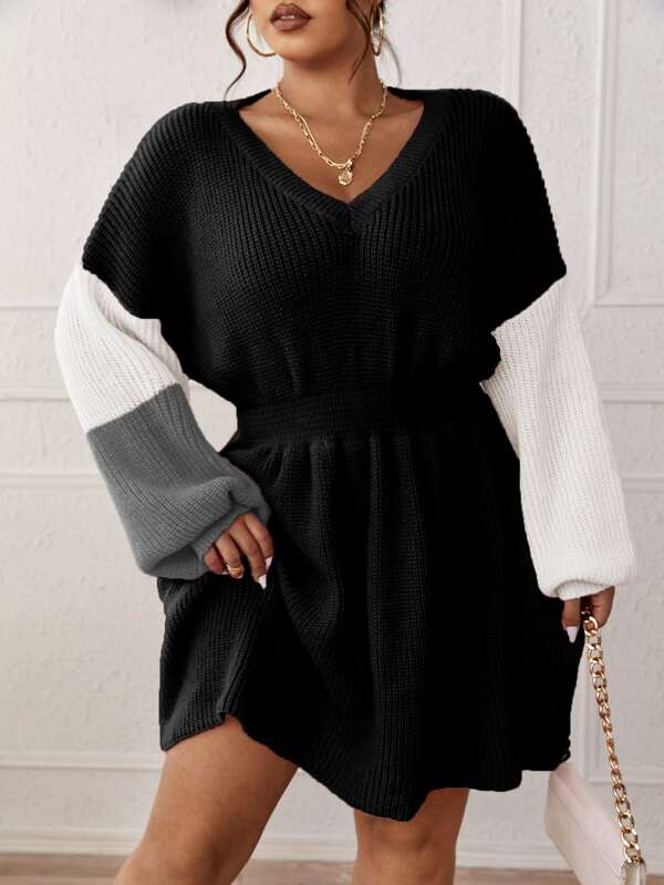 Calvaya Plus Colorblock Drop Shoulder Sweater Dress Fall Winter Cloth For Women Autumn