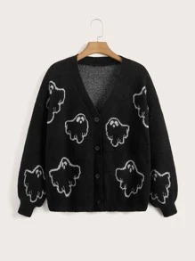 SHEIN Qutie Plus Ghost Pattern Drop Shoulder Cardigan - Black - View 1