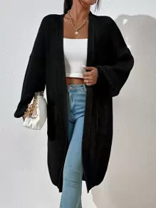 Calvaya Dual Pocket Drop Shoulder Cardigan,Long Sleeve Tops Fall Winter Cloth For Women - Black - View 5