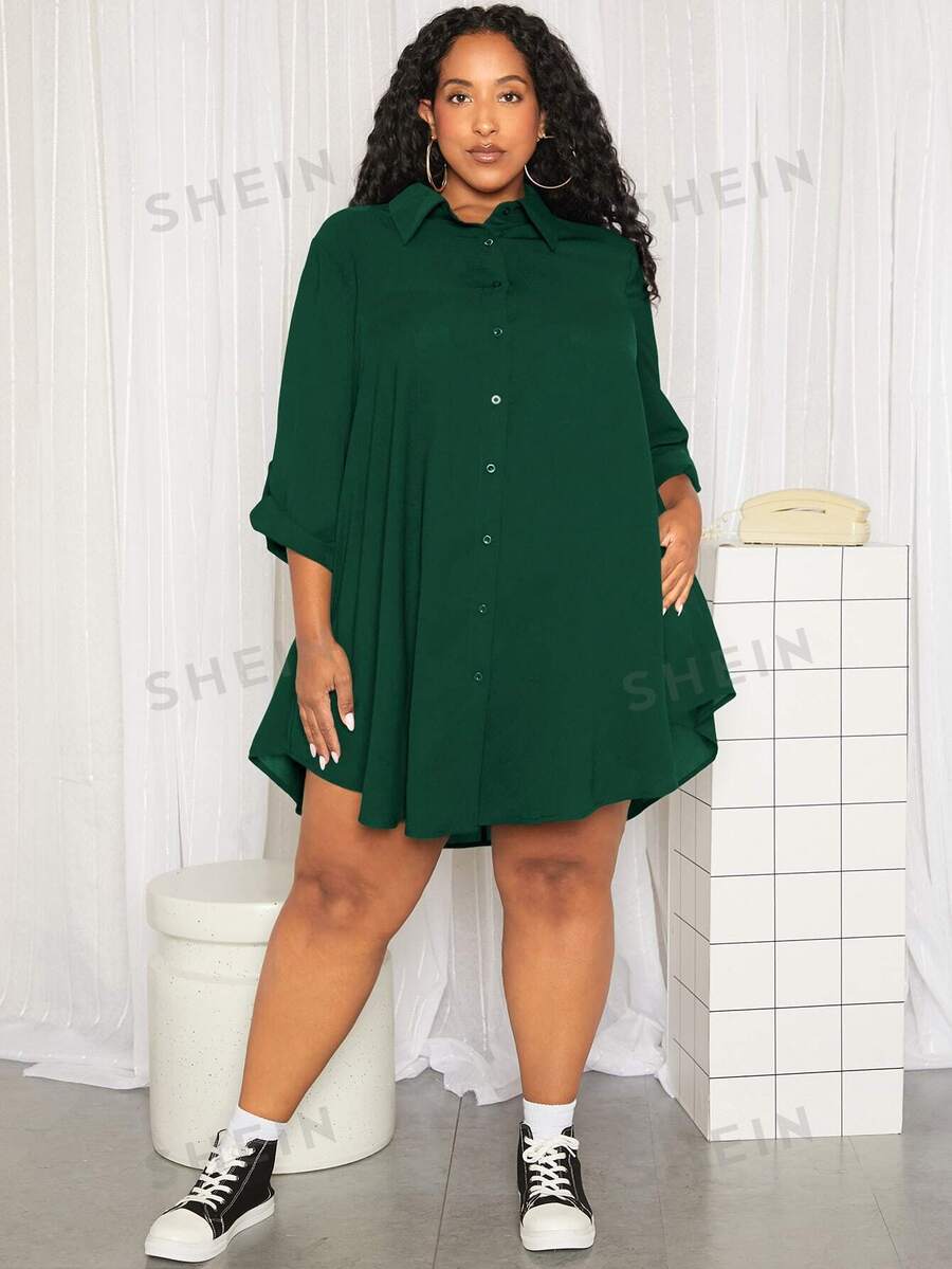 SHEIN CURVE+ Plus Roll Tab Sleeve Shirt Dress SHEIN UK
