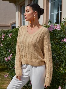 SHEINNeu Cable Knit Drop Shoulder Jumper - Khaki - View 5