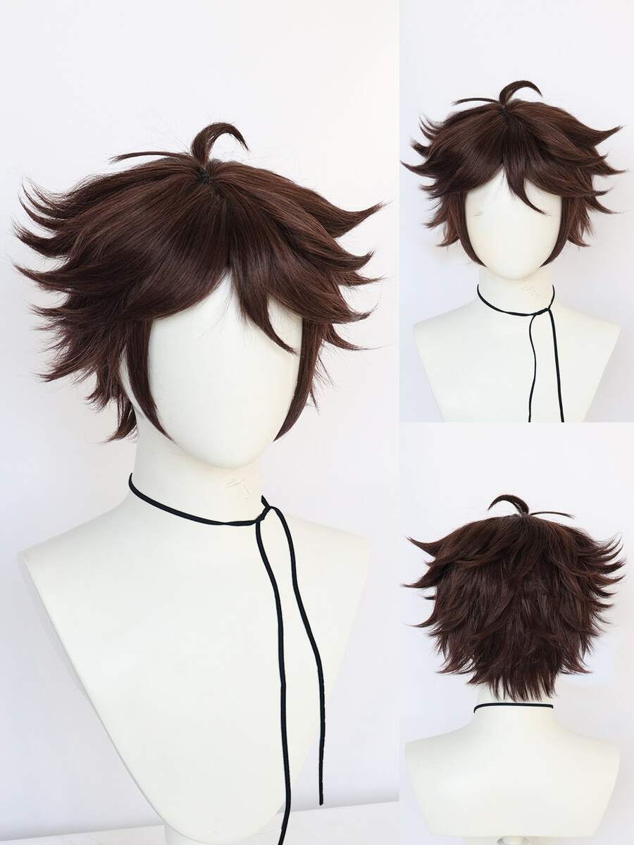 Peluca sintética cosplay corto recto con tupe - Marrón - Ver 1