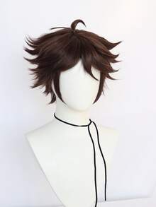 Peluca sintética cosplay corto recto con tupe - Marrón - Ver 4