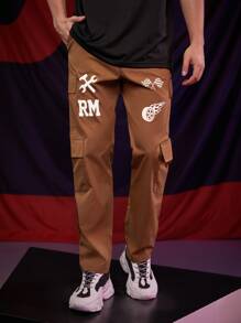 ROMWE MEN Guys Letter Graphic Cargo Pants - Coffee Brown - View 1