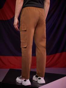 ROMWE MEN Guys Letter Graphic Cargo Pants - Coffee Brown - View 2