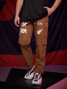 ROMWE MEN Guys Letter Graphic Cargo Pants - Coffee Brown - View 3