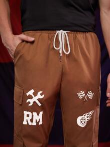 ROMWE MEN Guys Letter Graphic Cargo Pants - Coffee Brown - View 5