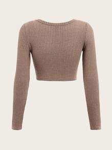 SHEIN EZwear Plus Waffle Knit Crop Tee - Mocha Brown - View 2