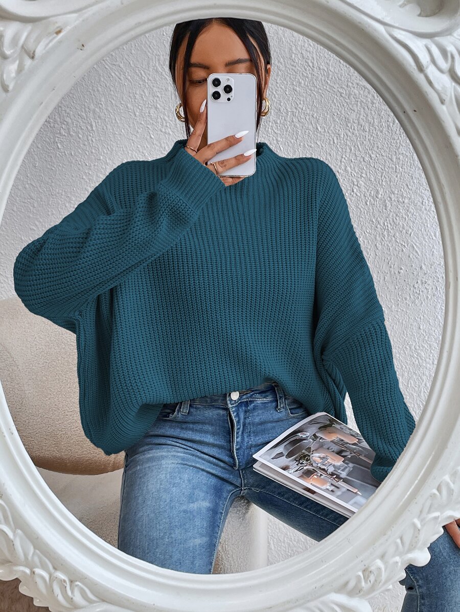 SHEIN Essnce Jersey de cuello alto tejido de canalé de manga murciélago - Verde - Ver 1
