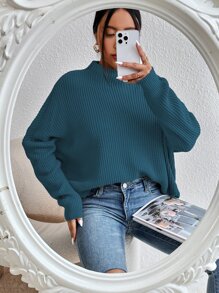 SHEIN Essnce Jersey de cuello alto tejido de canalé de manga murciélago - Verde - Ver 3
