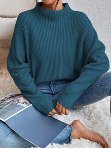 SHEIN Essnce Jersey de cuello alto tejido de canalé de manga murciélago - Verde - Ver 5