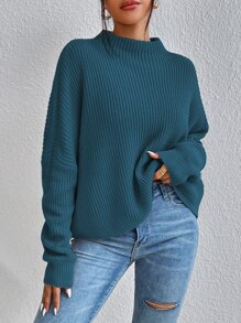 SHEIN Essnce Jersey de cuello alto tejido de canalé de manga murciélago - Verde - Ver 6