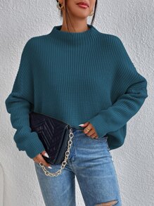 SHEIN Essnce Jersey de cuello alto tejido de canalé de manga murciélago - Verde - Ver 8