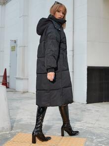 Slant Pocket Button Front Hooded Padded Coat - Black - View 2