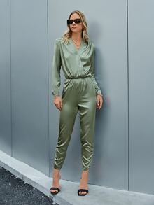 Sollinarry Slant Pocket Ruched Satin Jumpsuit Without Belt - Olive Green - View 3