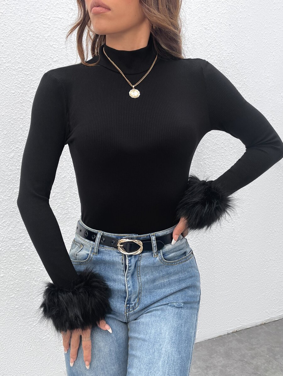 SHEIN Essnce Fuzzy Cuff Mock Neck Y2k Tee - Black - View 1