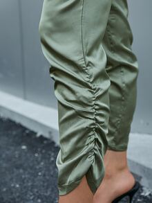 Sollinarry Slant Pocket Ruched Satin Jumpsuit Without Belt - Olive Green - View 5