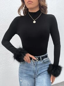 SHEIN Essnce Fuzzy Cuff Mock Neck Y2k Tee - Black - View 3