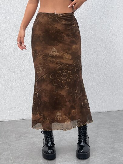 Gonne con stampa floreale orlo lattuga mesh