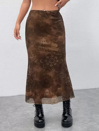 Floral Print Lettuce Trim Mesh Skirt