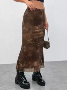 ROMWE PUNK 印花木耳邊網紗半身裙