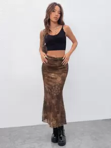 ROMWE PUNK 印花木耳邊網紗半身裙