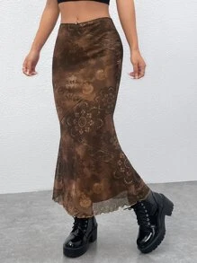 ROMWE PUNK 印花木耳邊網紗半身裙