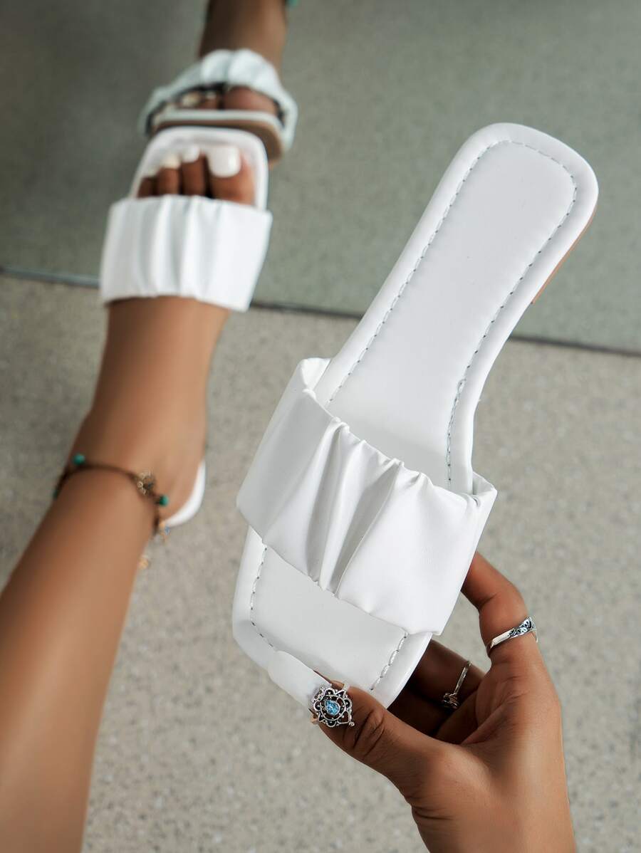 Elegant White Sandals For Women, Ruched Detail Single Band Slide Sandals Valentines