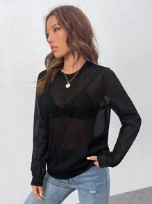 SHEIN Essnce Quần áo thể thao nữ cắt màu trơn Gợi cảm - màu đen - Xem 3
